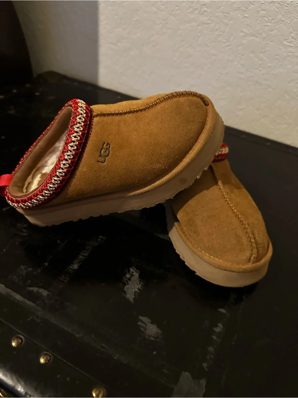 UGG Chestnut Suede Slip-On Clog with Red Trim